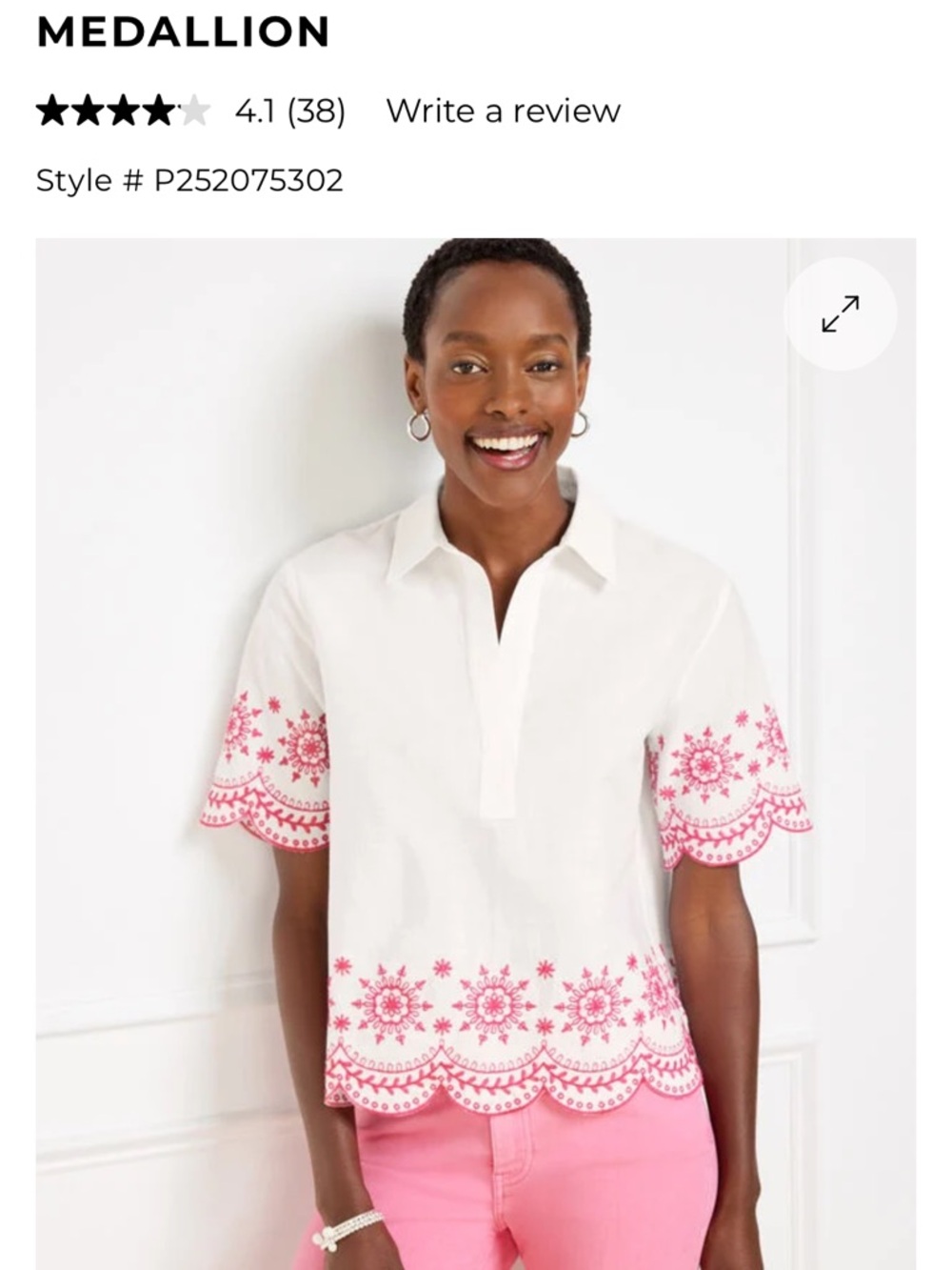 NWT- Talbots White Blouse with Pink Embroidered Scallop Hem